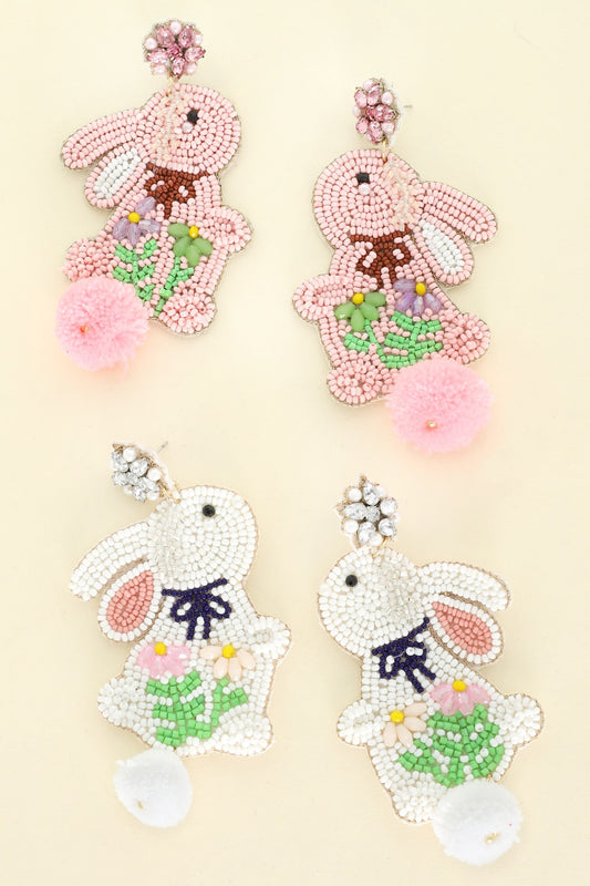 COTTON BALL TAIL EASTER RABBIT BEADED EARRINGS - PINK