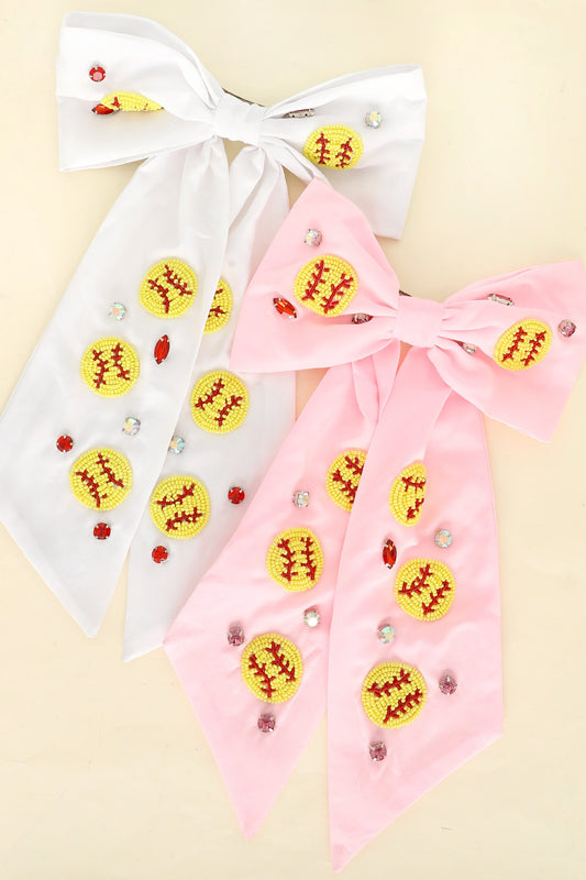 SOFTBALL BEAD GEMSTONE EMBROIDERED BOW BARRETTE HAIR CLIP - PINK