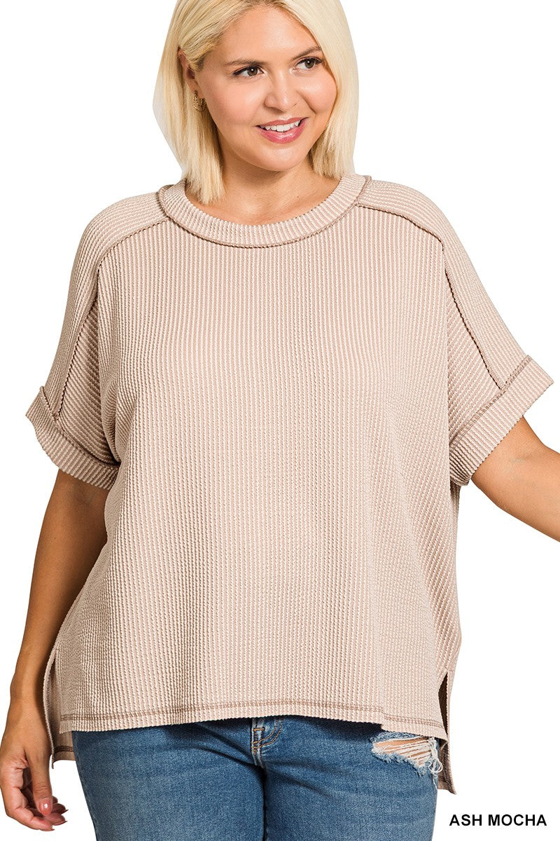 RAISED RIB CUFF SLEEVE RAW EDGE TOP - ASH MOCHA