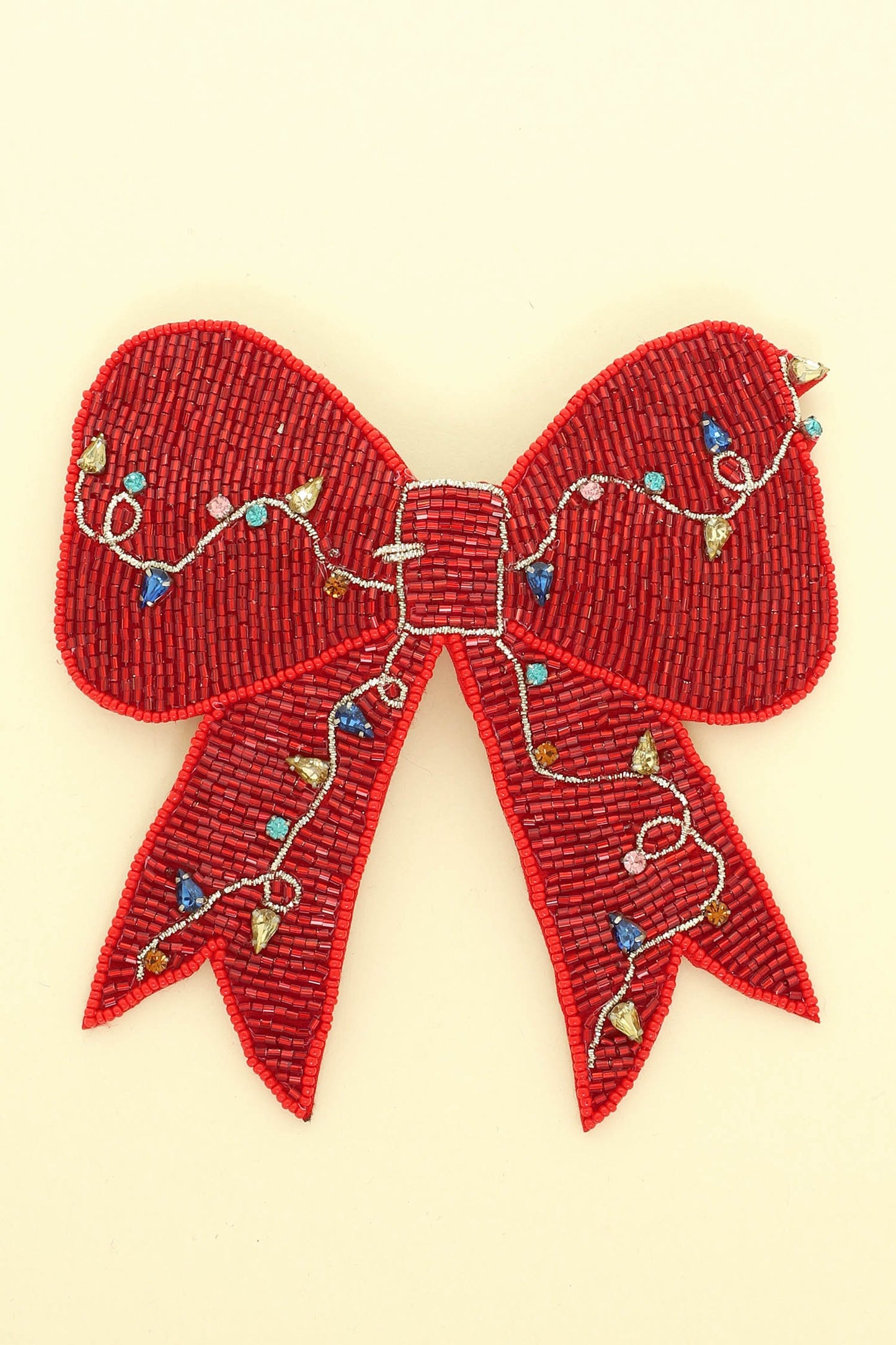 Red Christmas Lights Bow Beaded Barrette Hair Clip