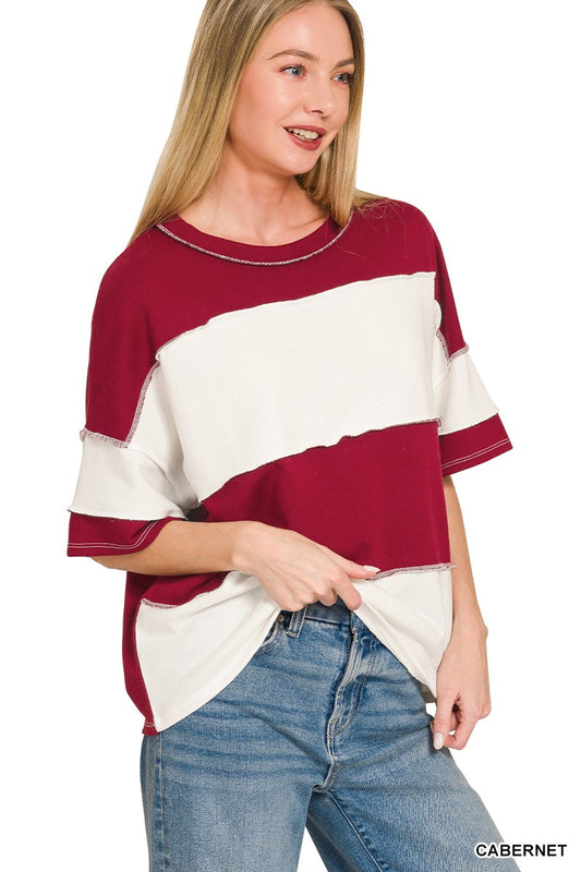 FRENCH TERRY STRIPED EXPOSED SEAM TOP - CABERNET