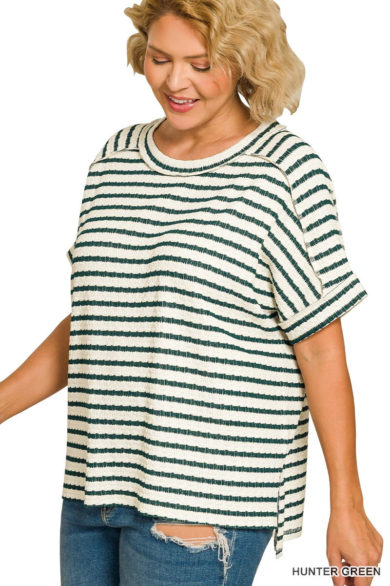 STRIPED SHORT SLEEVE HI-LOW TEE - BLACK