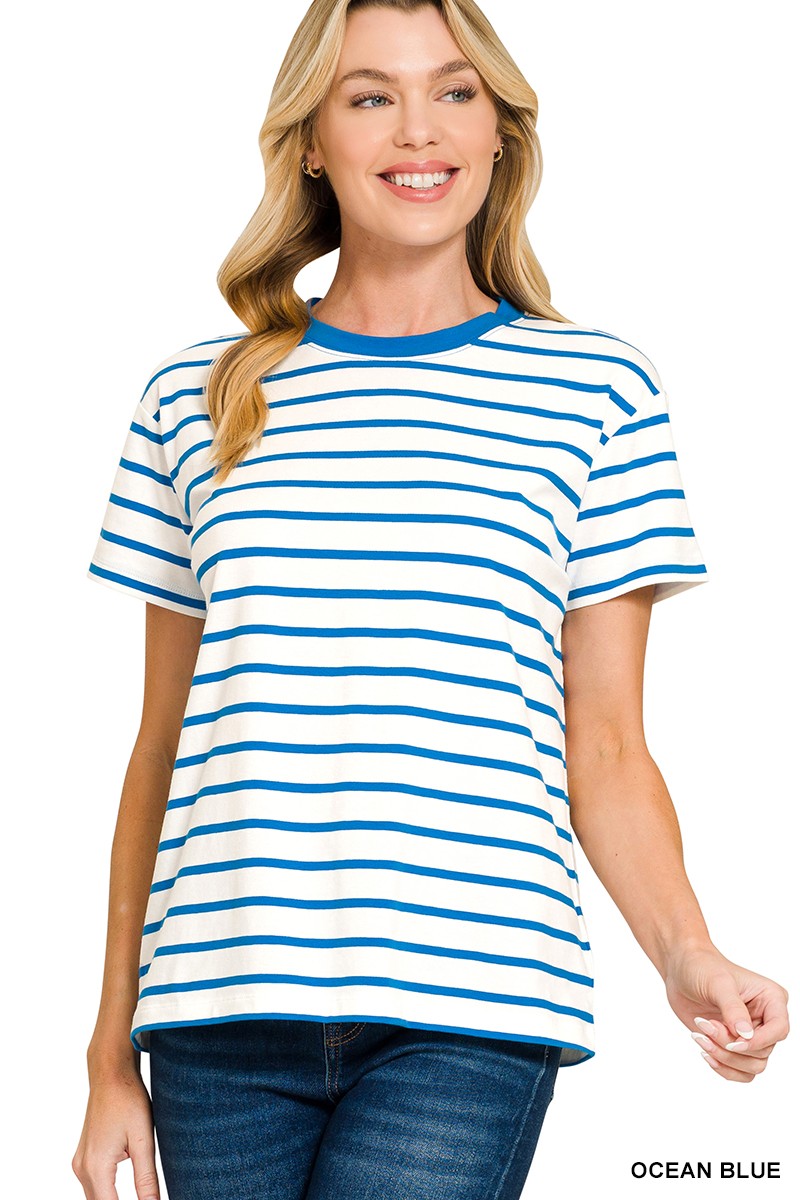 STRIPED CREW-NECK T-SHIRT - OCEAN BLUE