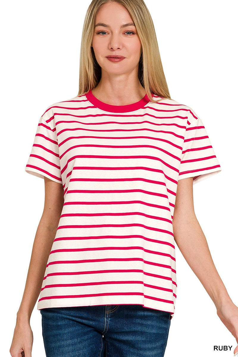 STRIPED CREW-NECK T-SHIRT - RUBY