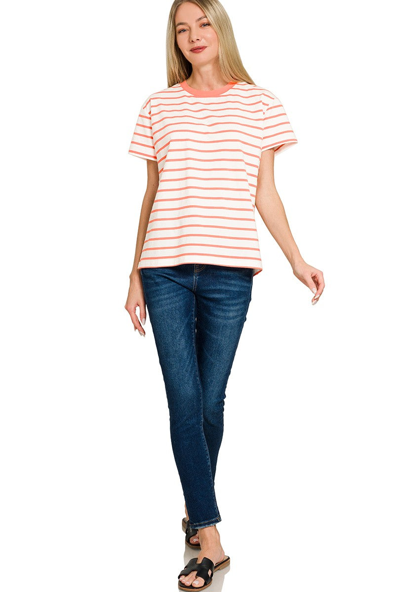 STRIPED CREW-NECK T-SHIRT - CORAL