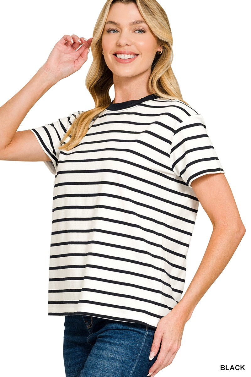 STRIPED CREW-NECK T-SHIRT - BLACK
