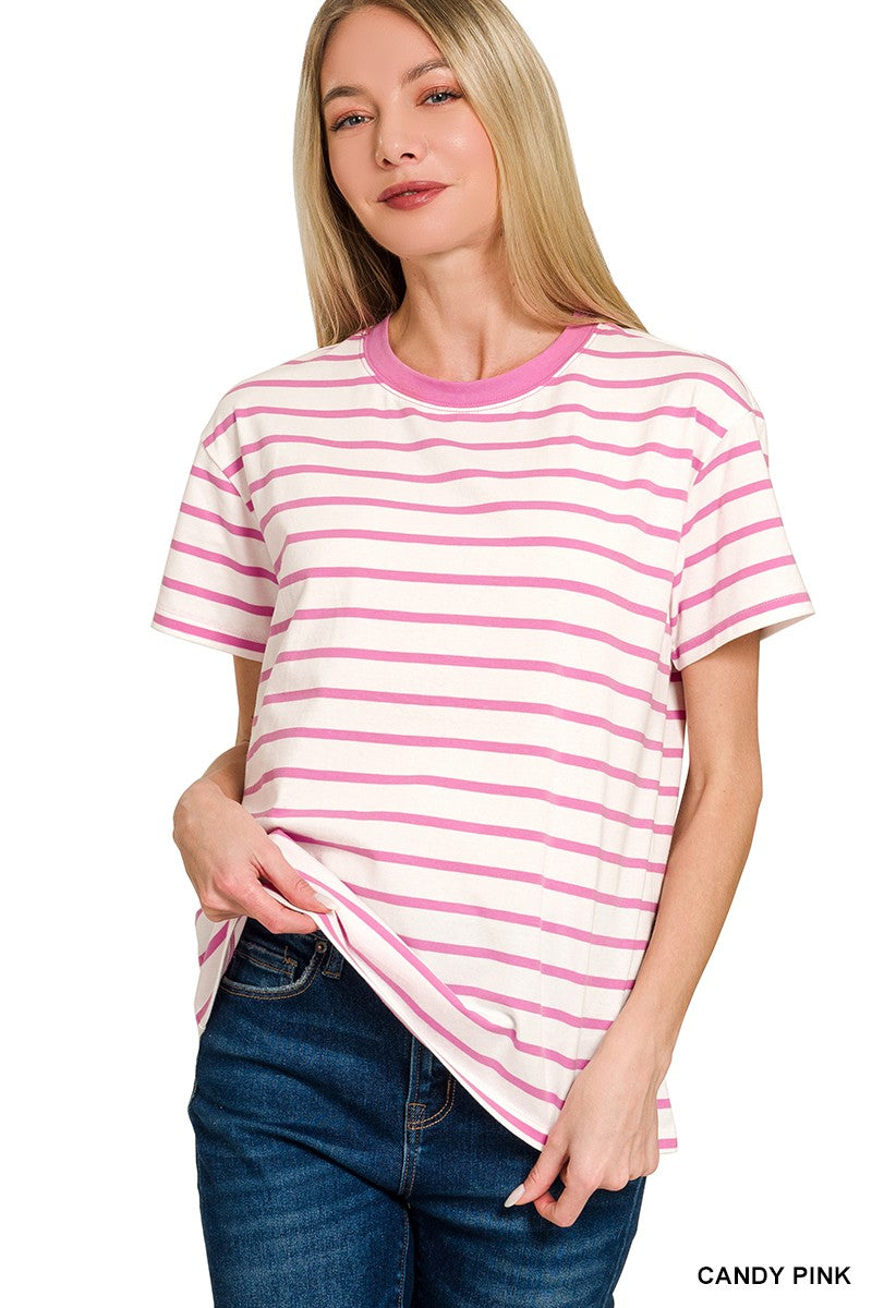 STRIPED CREW-NECK T-SHIRT - CANDY PINK