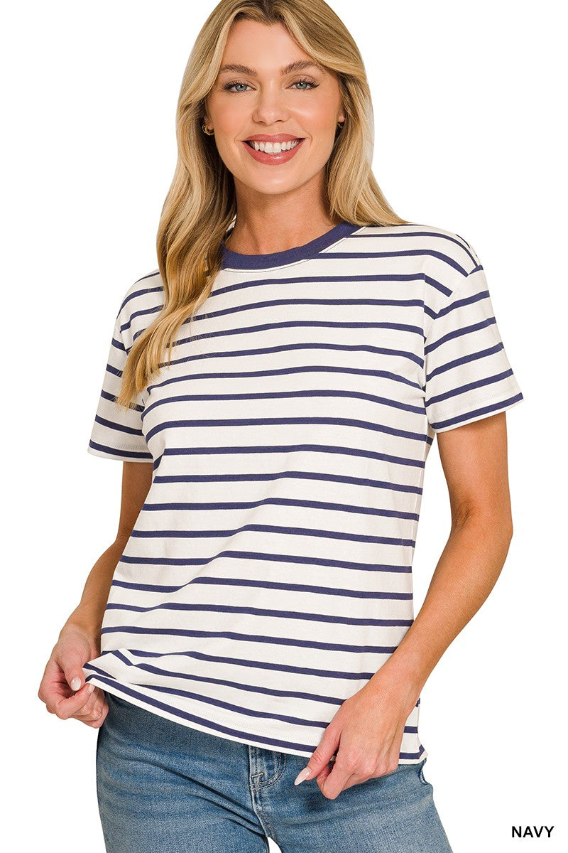 STRIPED CREW-NECK T-SHIRT - NAVY