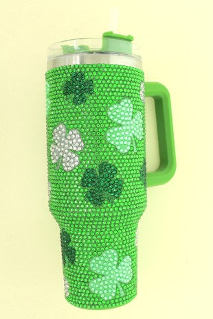 SAINT PATRICKS THEME SHAMROCK GRAPHIC RHINESTONE STAINLESS STEEL DOUBLE WALL TUMBLER