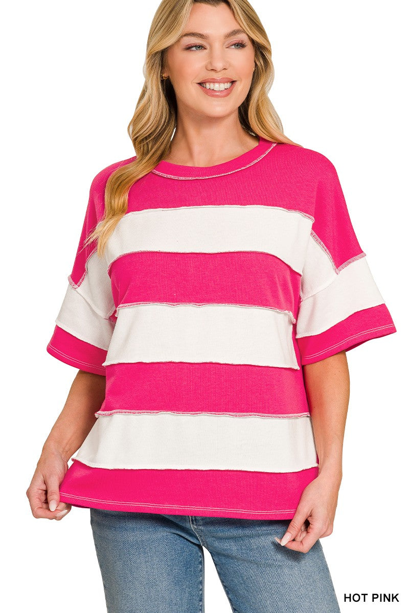 FRENCH TERRY STRIPED EXPOSED SEAM TOP - HOT PINK