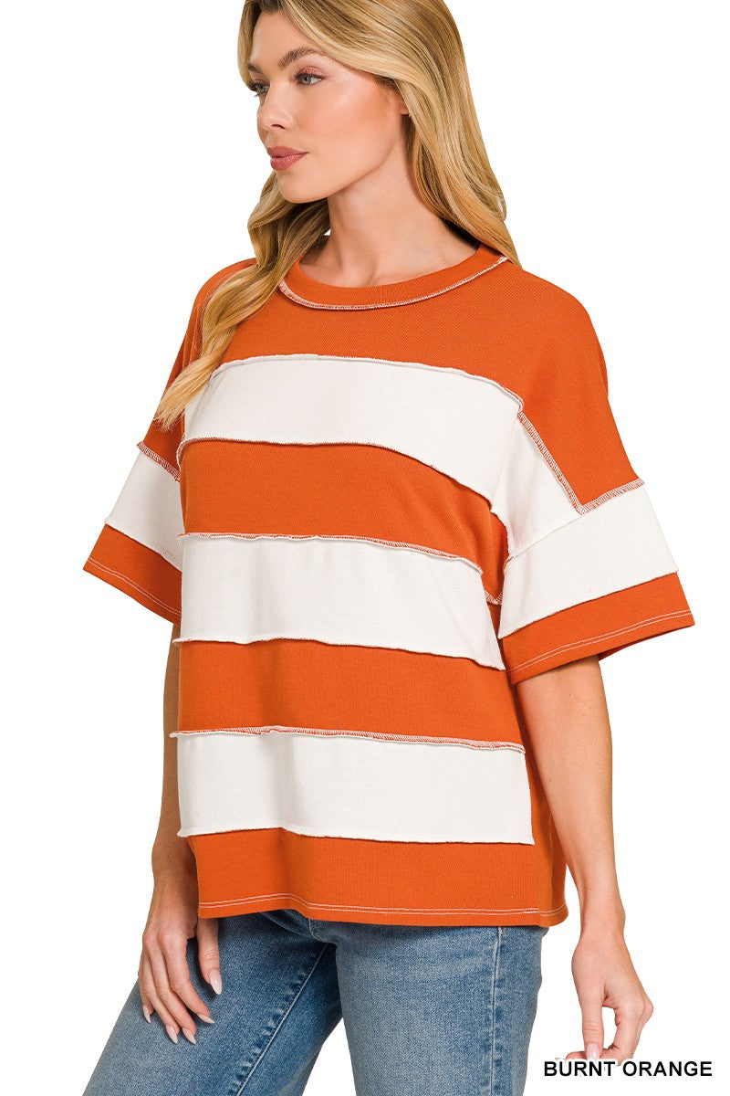 FRENCH TERRY STRIPED EXPOSED SEAM TOP - BURNT ORANGE