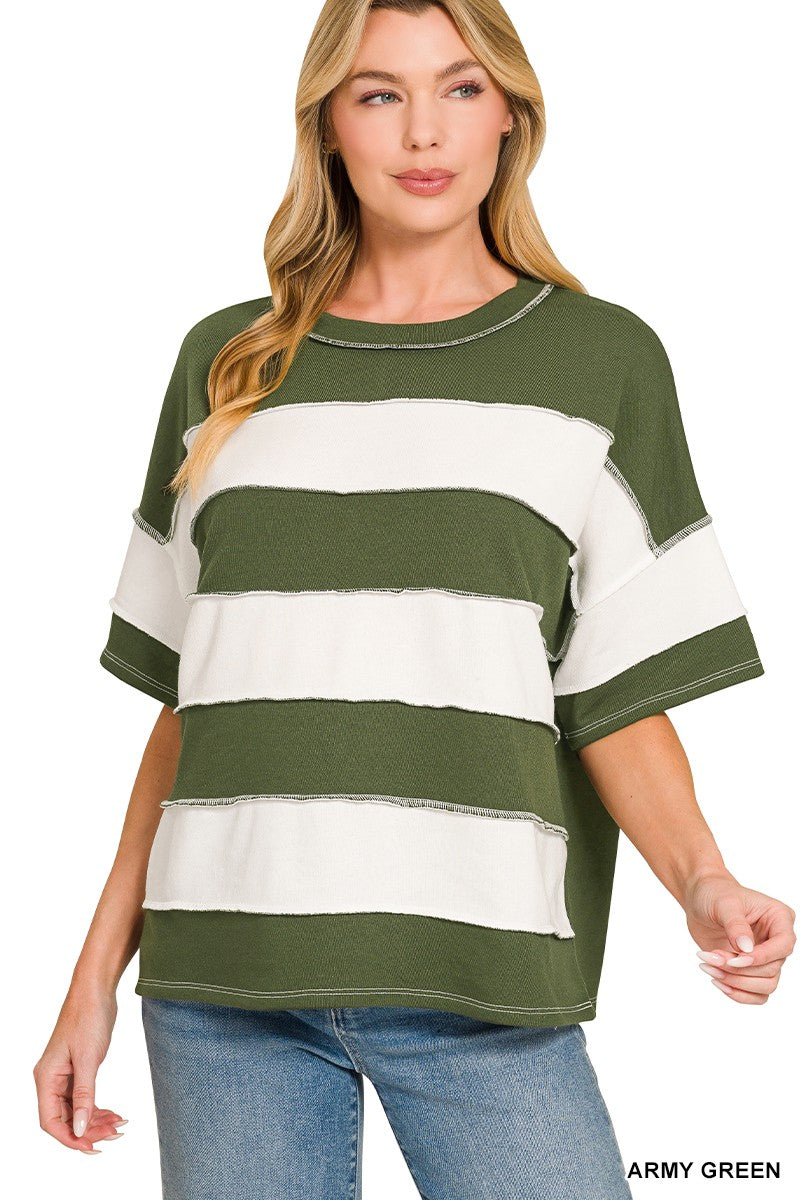 FRENCH TERRY STRIPED EXPOSED SEAM TOP - ARMY GREEN