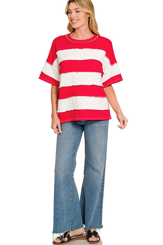 FRENCH TERRY STRIPED EXPOSED SEAM TOP - RUBY