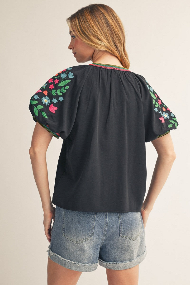 NOTCHED V NECK EMBROIDERED TOP - BLACK