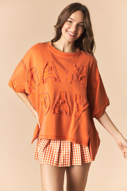 DYE AND WASHED GAMEDAY TWILL PATCH FRENCH TERRY TOP - ORANGE