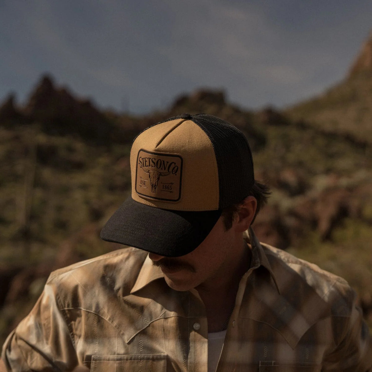 STETSON LONGHORN TAN/BLACK PATCH TRUCKER HAT