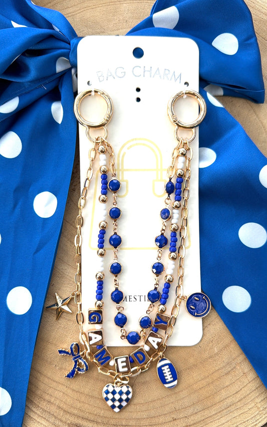 Triple Strand Game Day Bag Charm - Blue and White