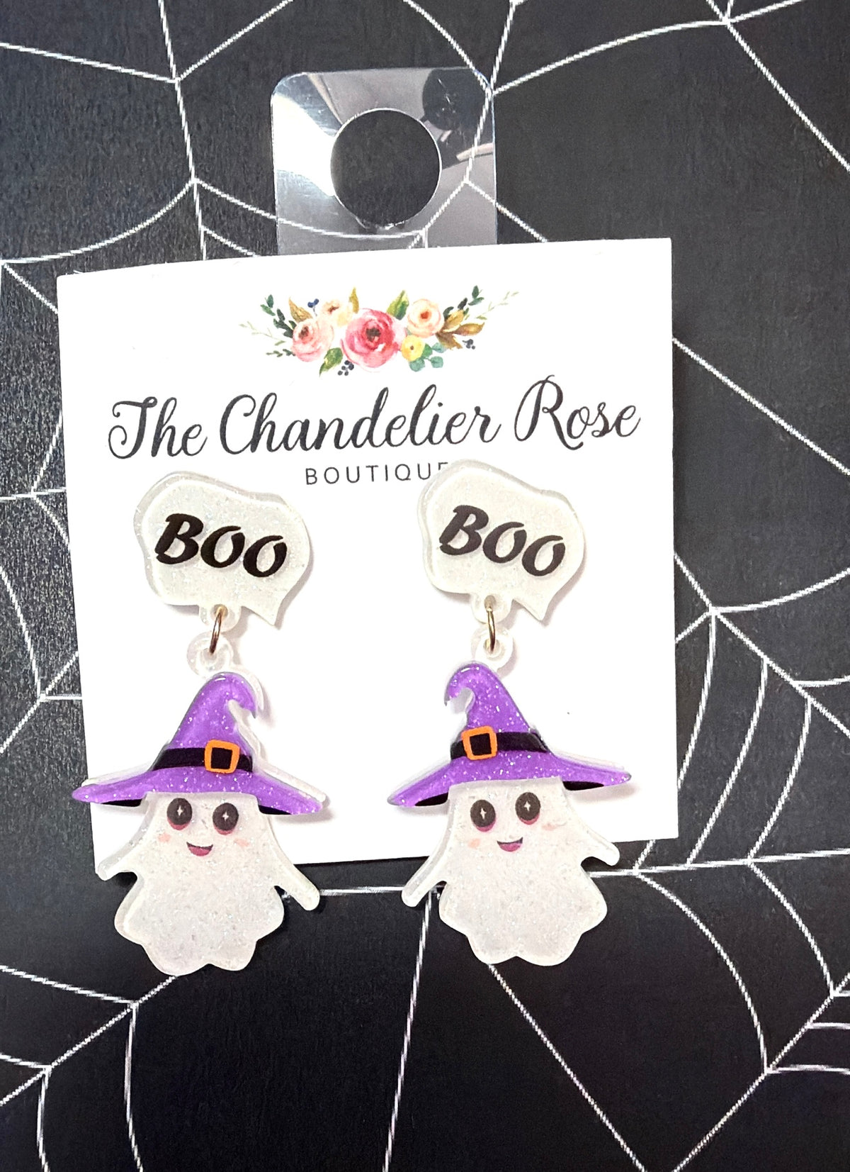 Boo Ghost with Purple Hat Earrings