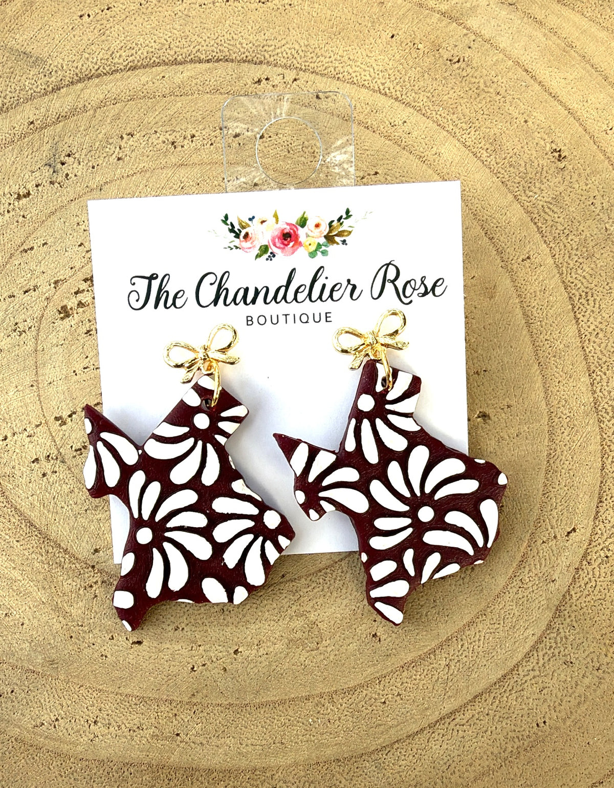 Maroon Floral Texas Earrings with Gold Bow