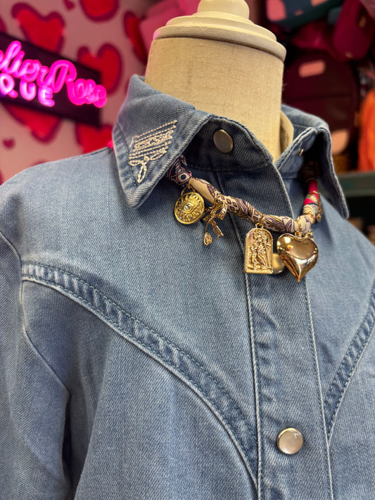 GIRLS DARK WASH BUTTON DOWN SHIRT W BOOT STITCHED EMBROIDERED COLLAR