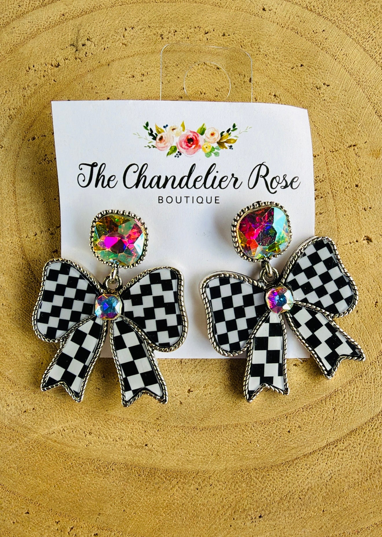 BLACK CHECKERED BOW AB STONE EARRINGS