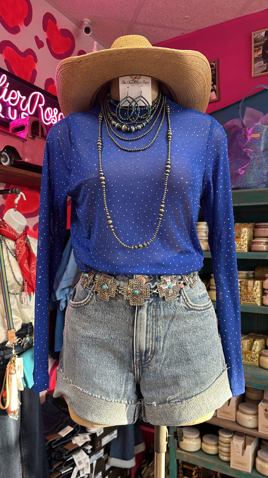 ROYAL BLUE SHEER RHINESTONE MESH LONG SLEEVE TOP