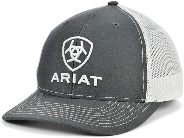 ARIAT MENS STACKED LOGO TRUCKER CAP - GREY AND WHITE