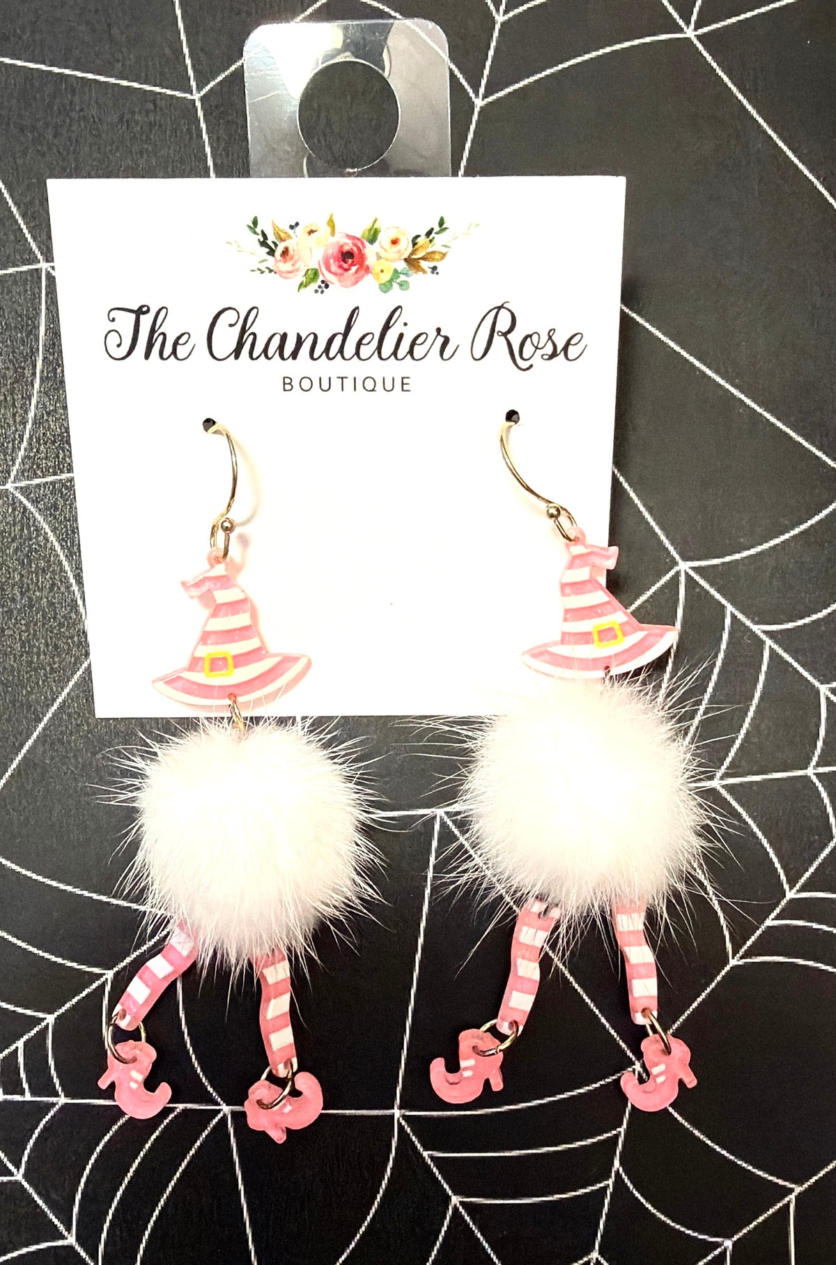 White Fluffy Witch Pink Stripe Earrings