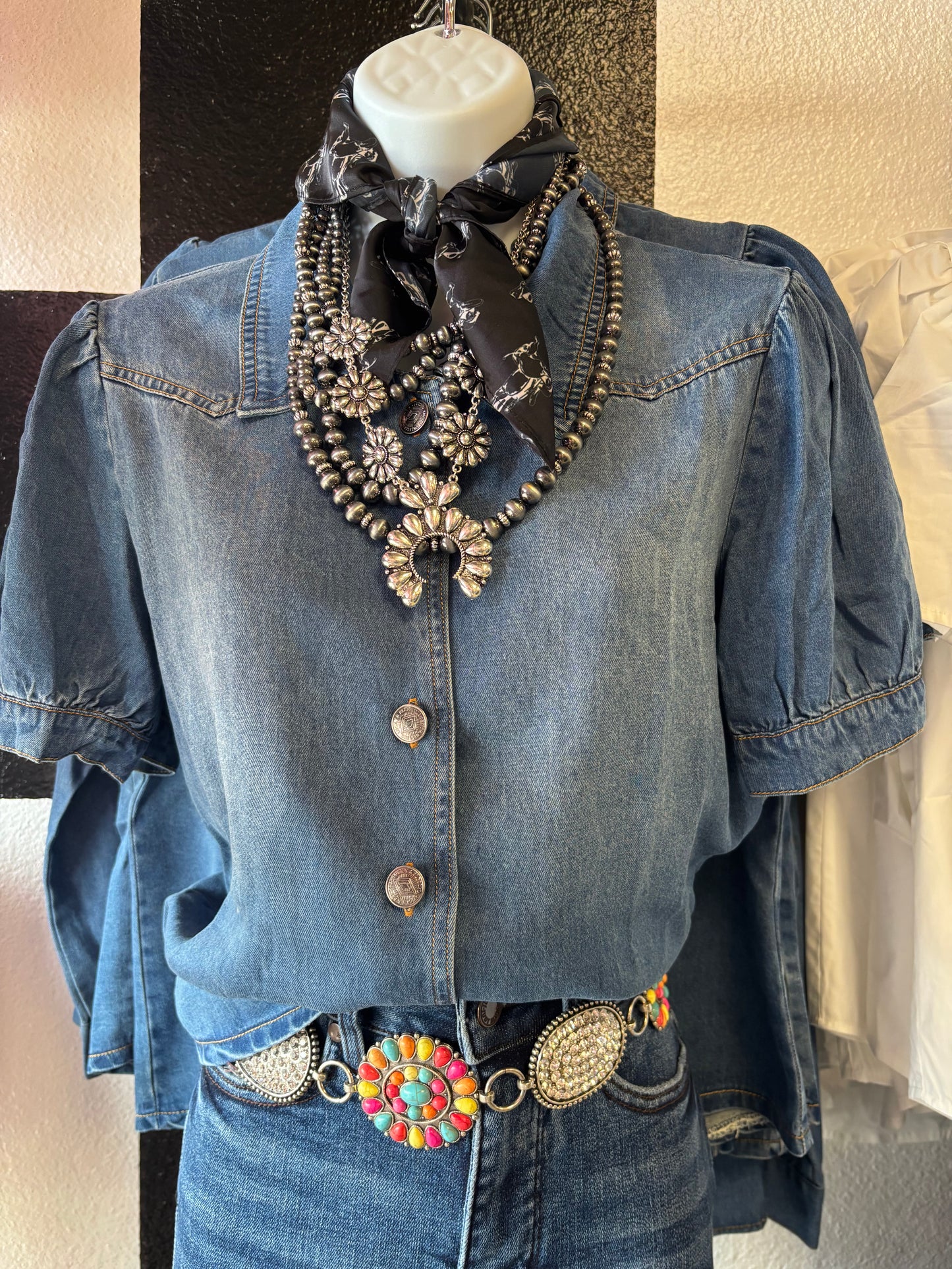 PUFF SLEEVES MID WASH DENIM BUTTON DOWN TOP