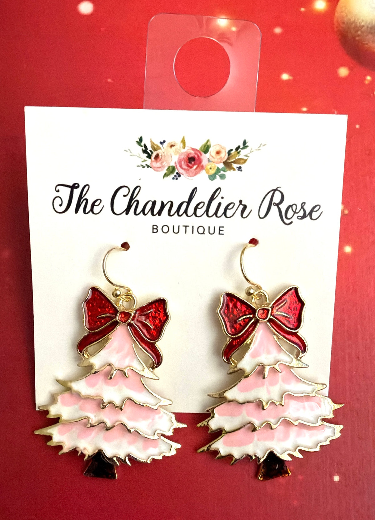 Red Bow Pink Tree Earrings