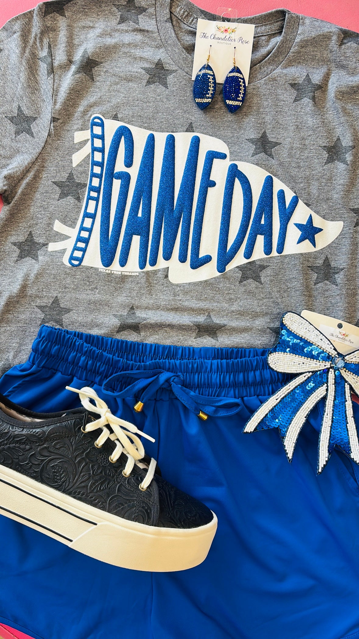 PENNANT GAME DAY HEATHER GREY STARS TEE - ROYAL BLUE PUFF GLITTER