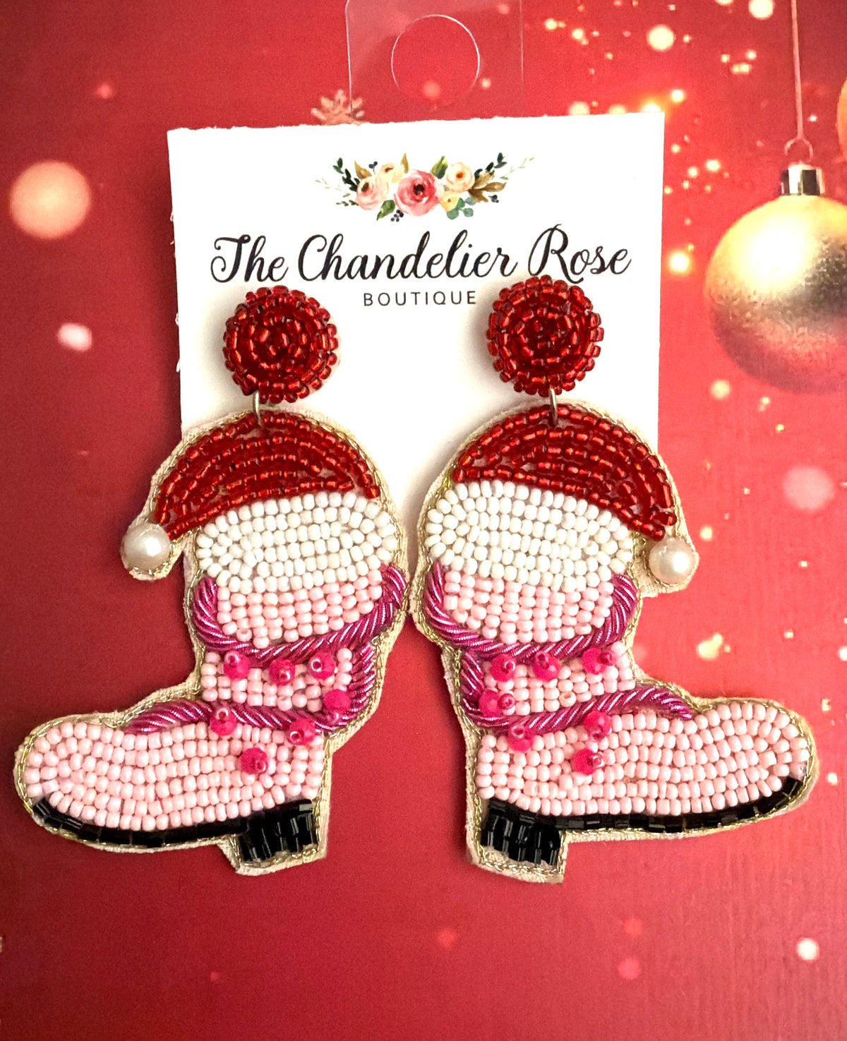 Pink Beaded Cowboy Christmas Boot Earrings