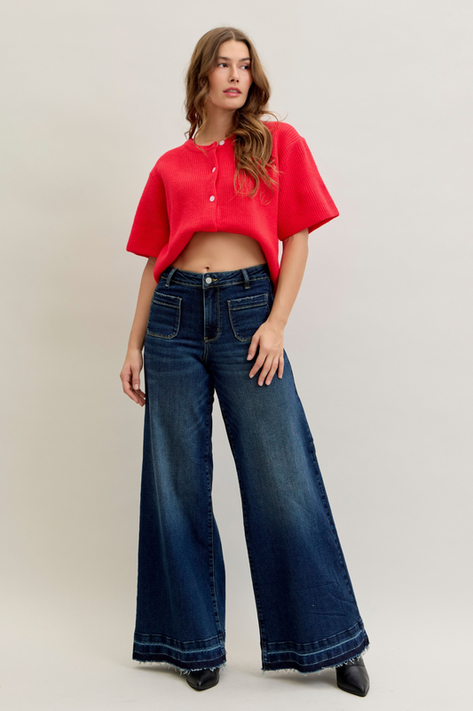 JUDY BLUE HIGH WAIST PALAZZO FRONT PATCH POCKETS - DARK STONE
