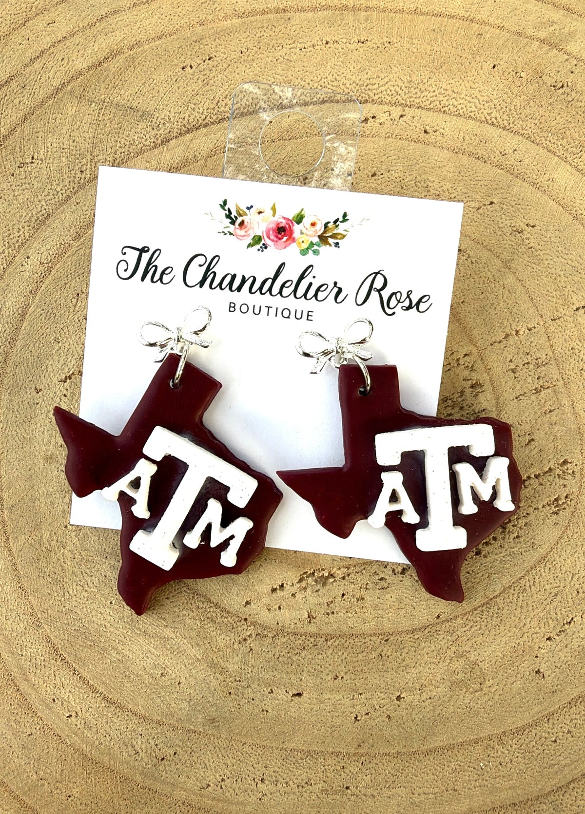 Maroon A&M Earrings with Silver Bow