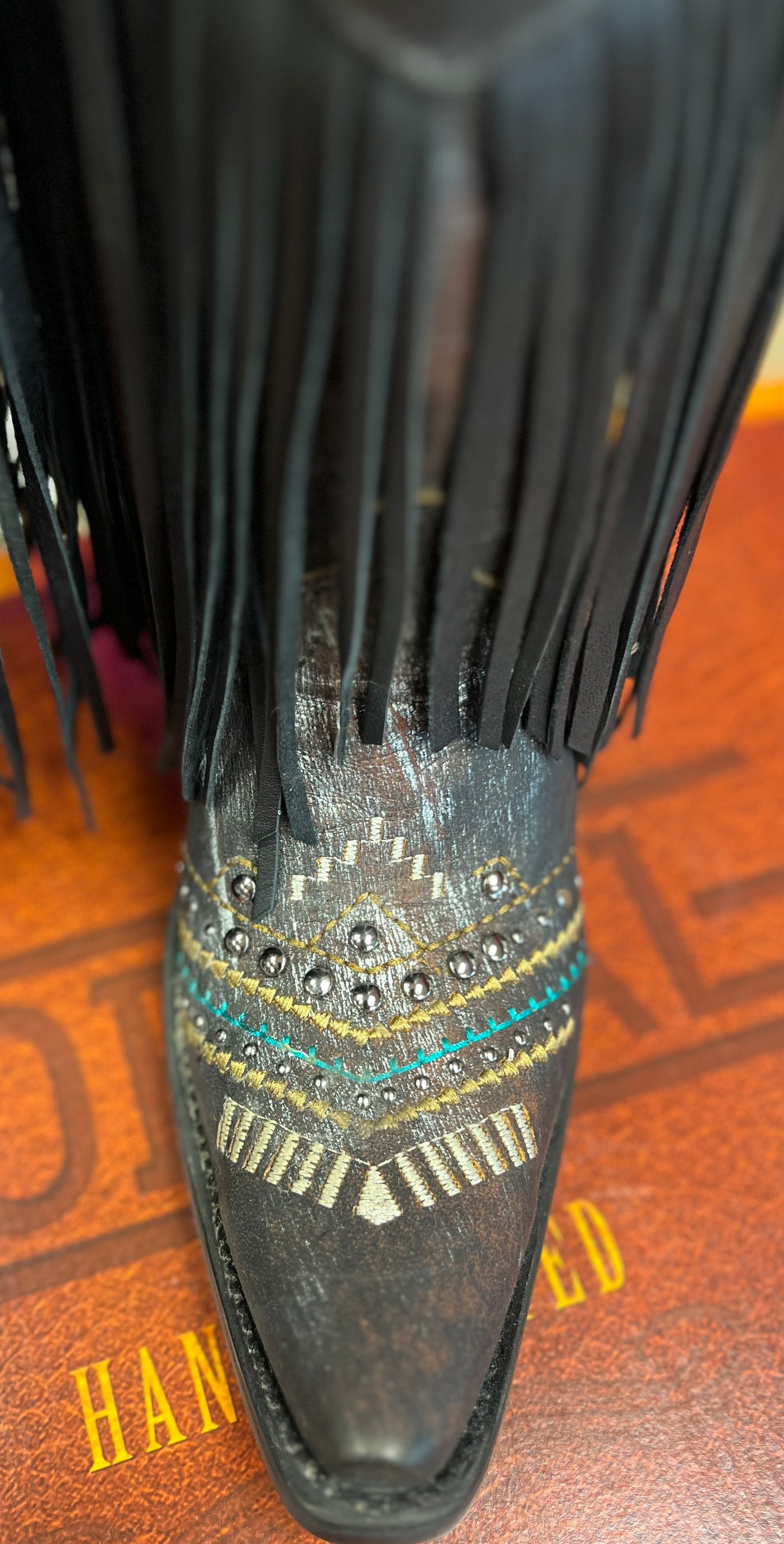CORRAL WOMEN'S BLACK EMBROIDERY, CRYSTALS AND LAMB FRINGE WESTERN BOOTS - C4078