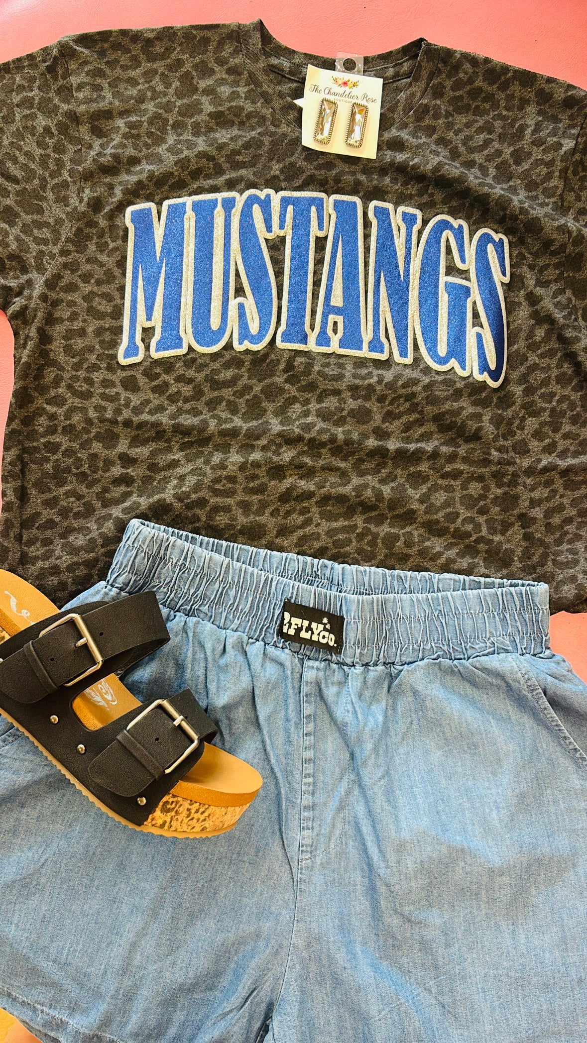 MUSTANGS BLACK LEOPARD TEE - SILVER AND ROYAL BLUE PUFF GLITTER