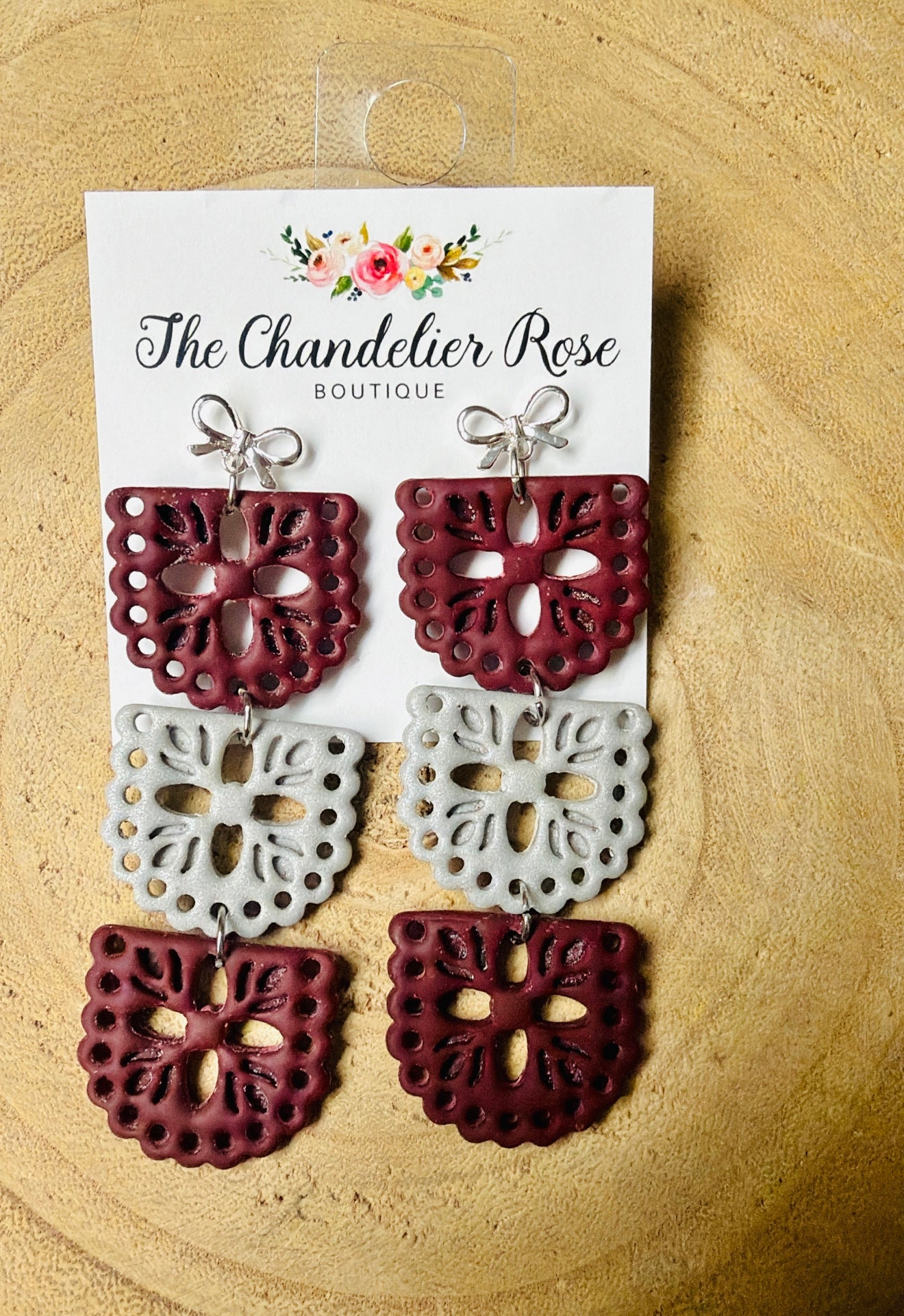 Maroon & Silver Papel Picado Earrings