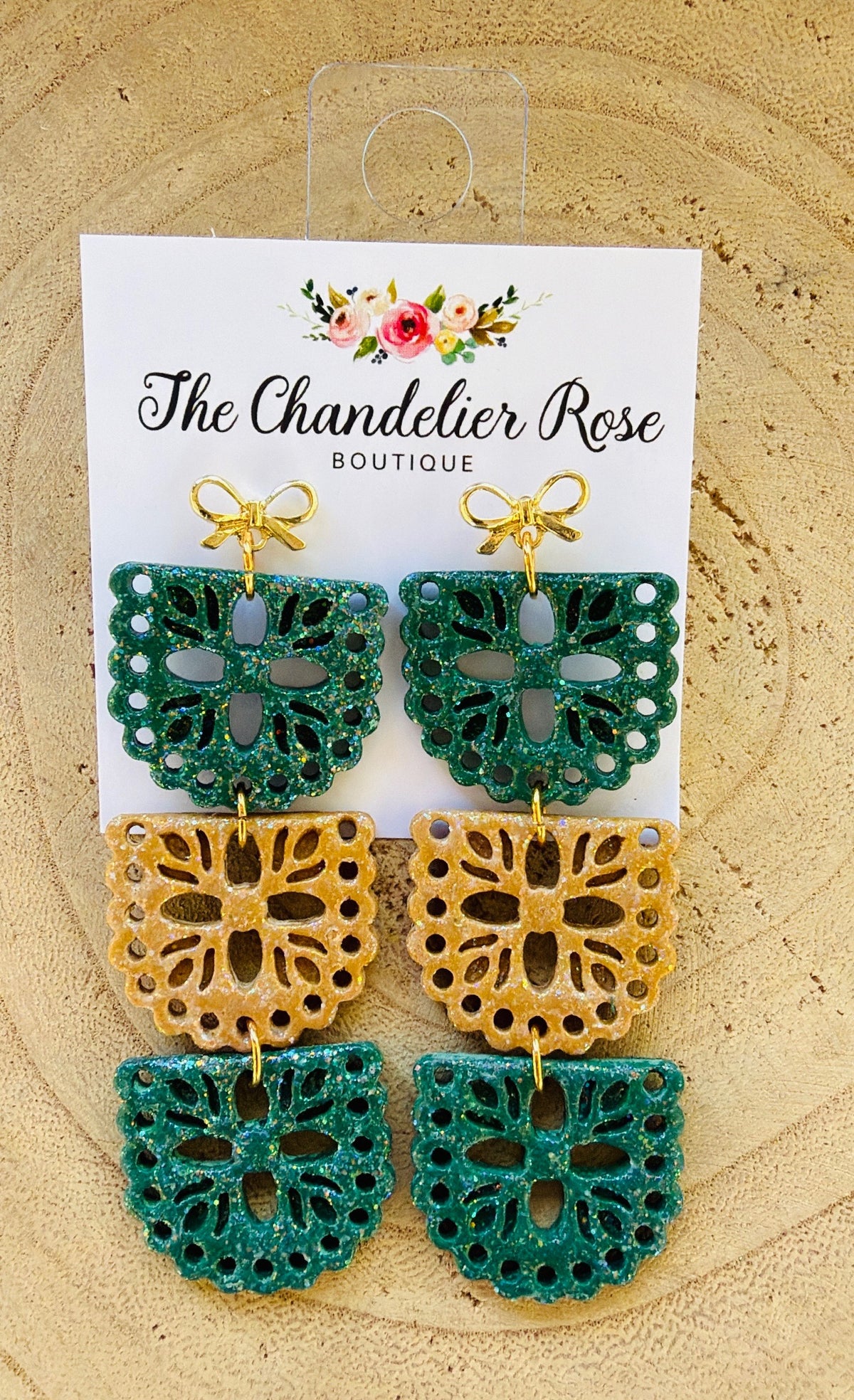 Green and Gold Glittered 3 Tier Papel Picado Gold Bow Earrings
