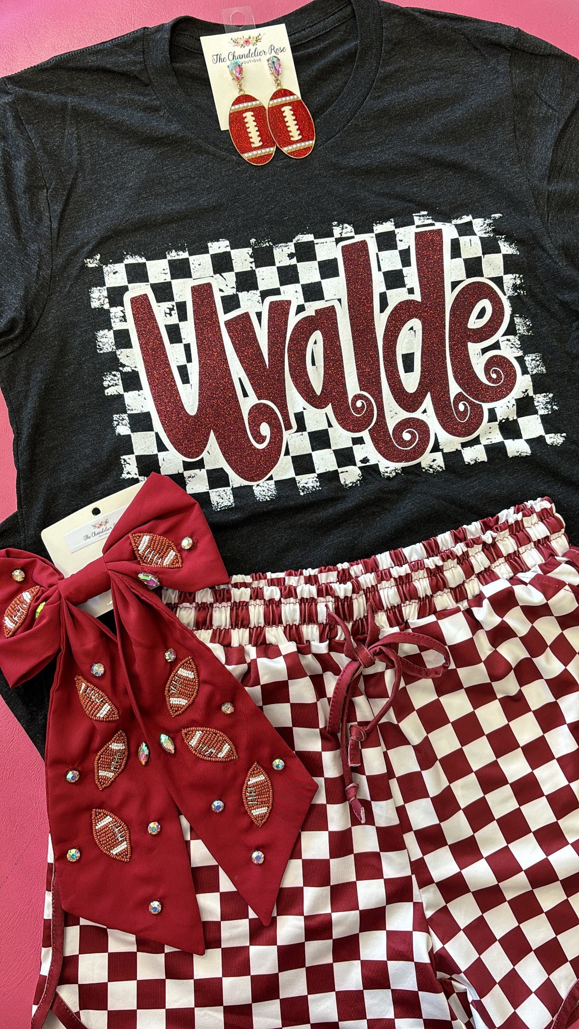 CHECKERED MASCOT UVALDE TEE - MAROON GLITTER