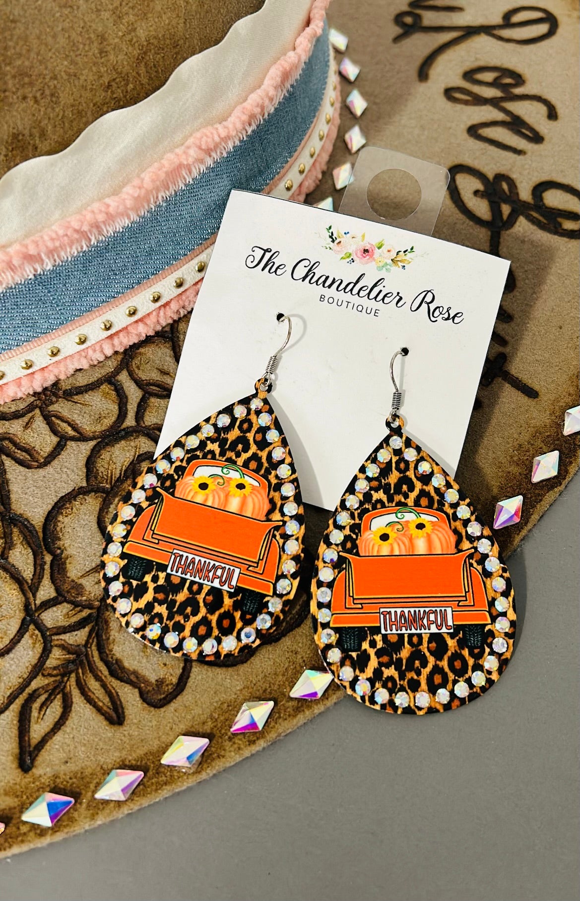 THANKFUL ORANGE TRUCK BED PUMPKINS LEOPARD PEAR SHAPE EARRINGS