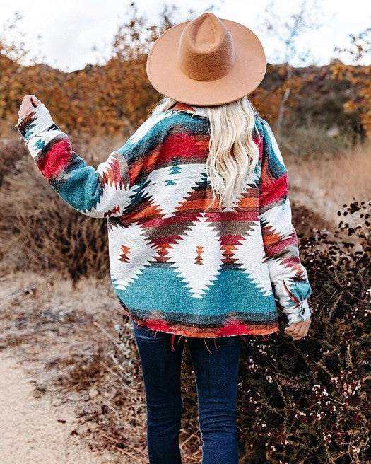 WOMEN AZTEC BUTTON DOWN TEAL SHACKET