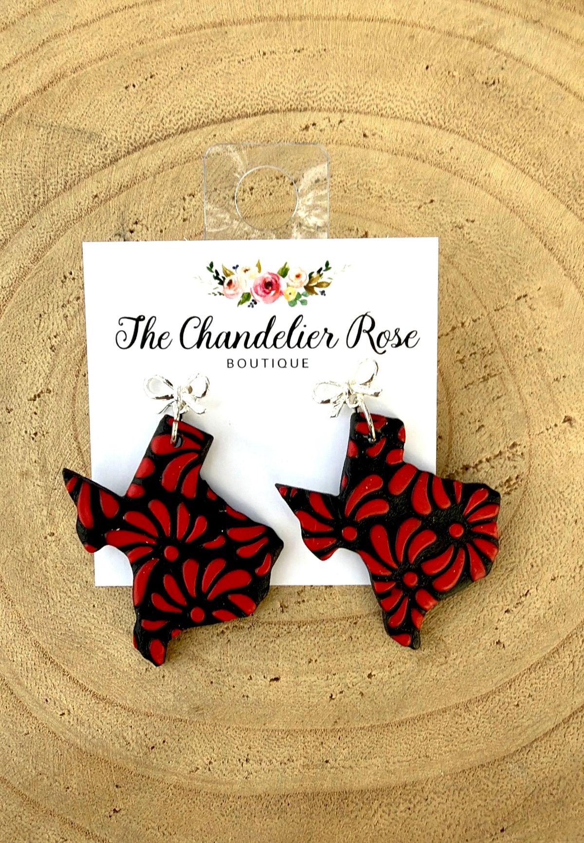 Red and Black Texas Floral Earrings with Silver Bow