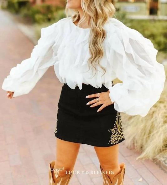 BLACK DENIM BOOT STITCHED EMBROIDERED STUDDED SKIRT