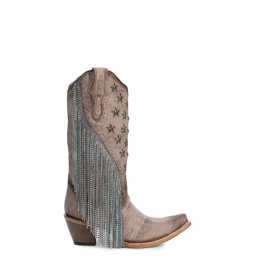 CORRAL WOMEN'S BROWN EMBROIDERY & STAR STUD FRINGE WESTERN BOOTS - A4625