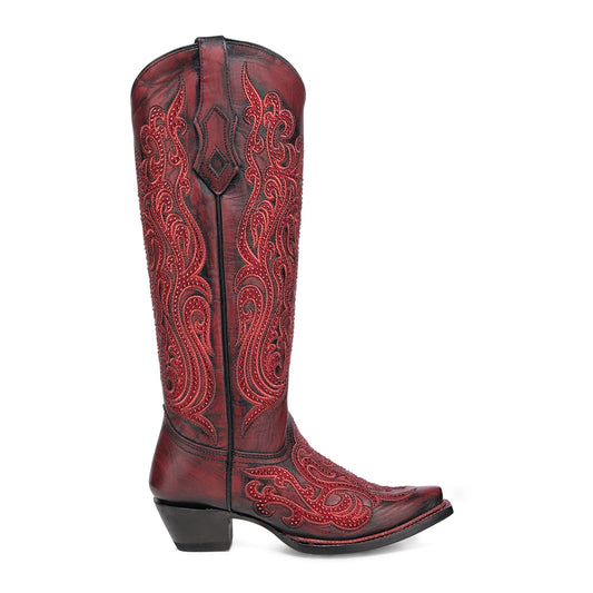 CORRAL WOMEN'S RED SUEDE OVERLAY & CRYSTAL TALL WESTERN BOOT - A4869