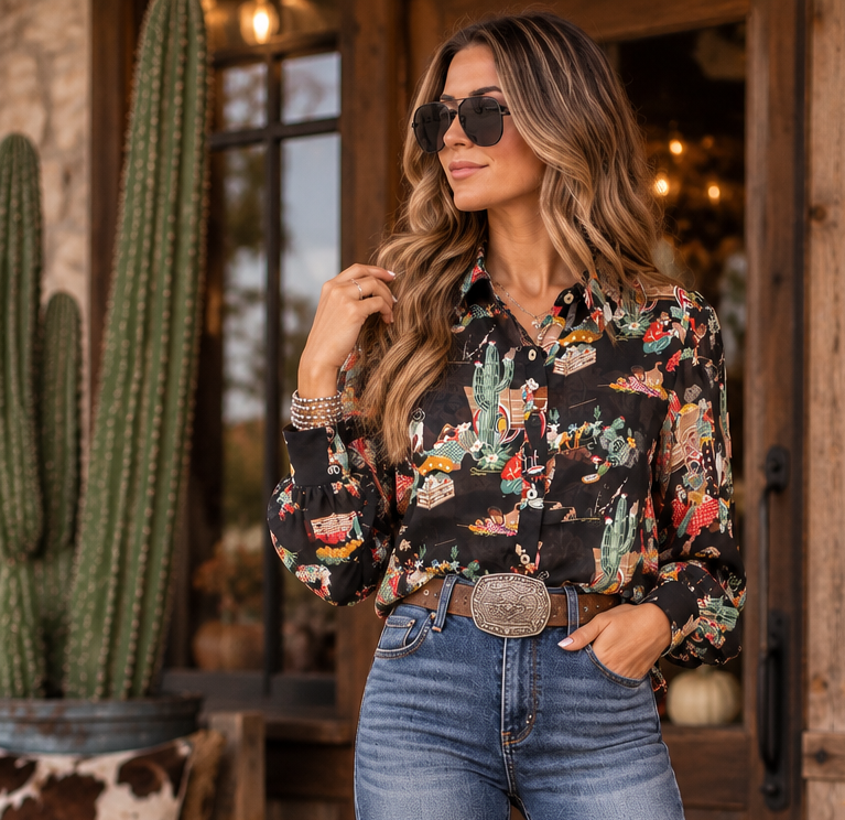 BLACK WAGON WESTERN PRINT BUTTON UP BLOUSE