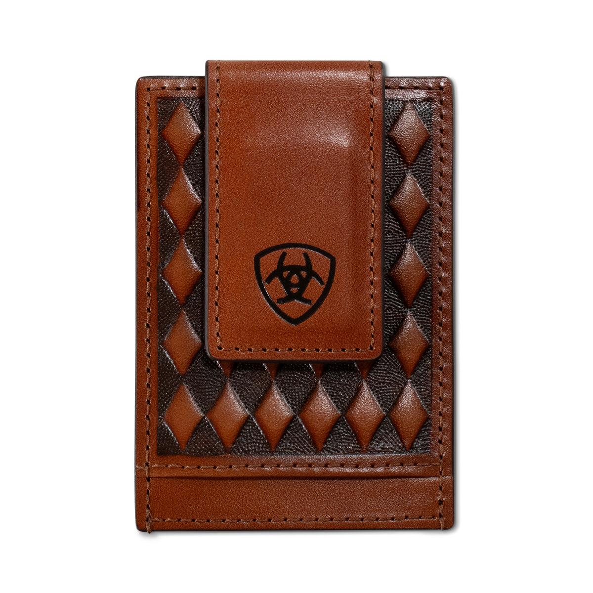 ARIAT MENS CARD CASE MONEY CLIP STYLE WALLET DIAMOND EMBOSSED BROWN