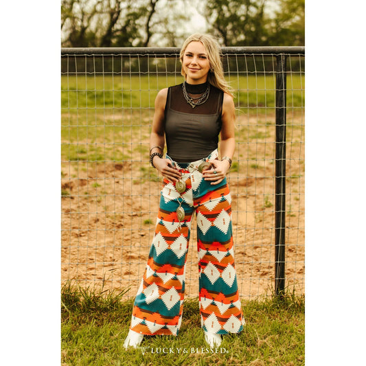 TEAL RED AZTEC PRINTED CROPPED WIDE LEG JEANS (28in Inseam)