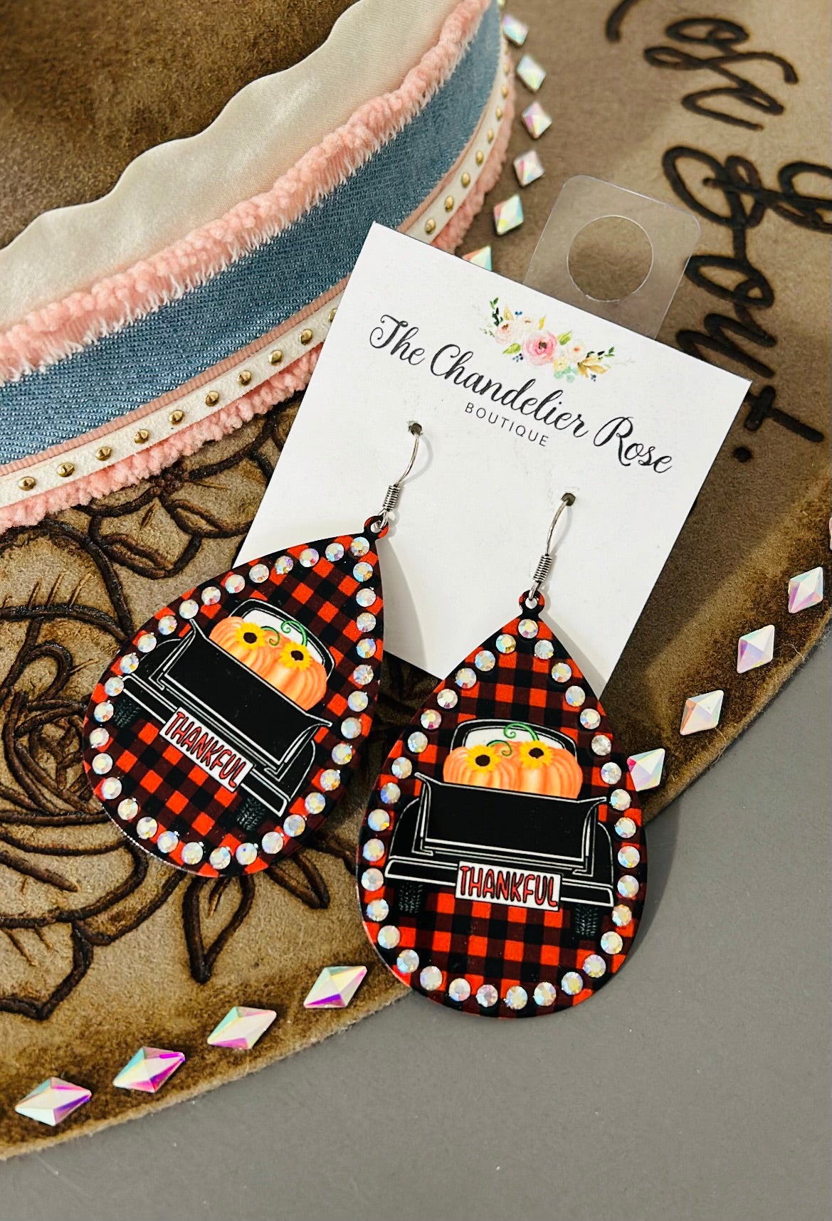 BUFFALO PLAID TRUCK BED PUMPKINS PEAR SHAPE EARRINGS