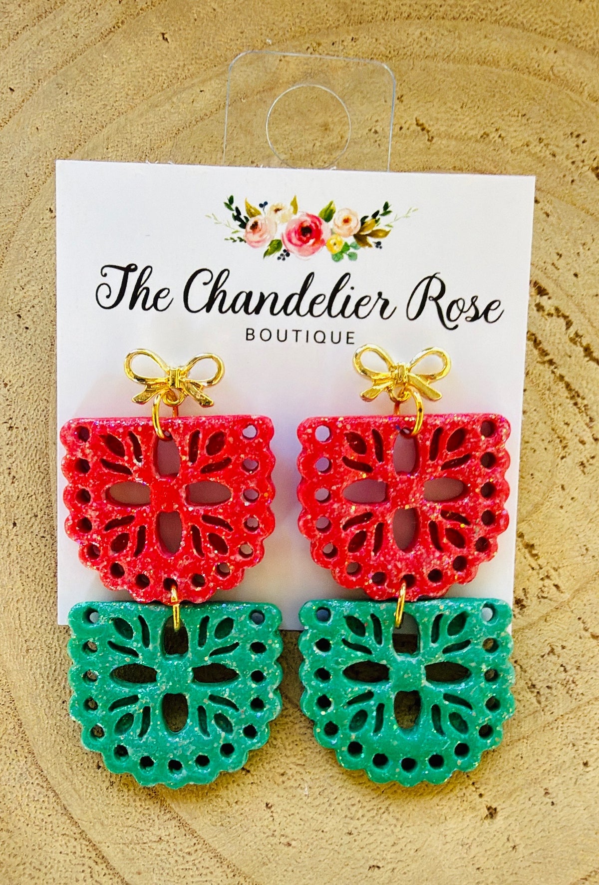 Red and Green 2 Tier Papel Picado Gold Bow Earrings